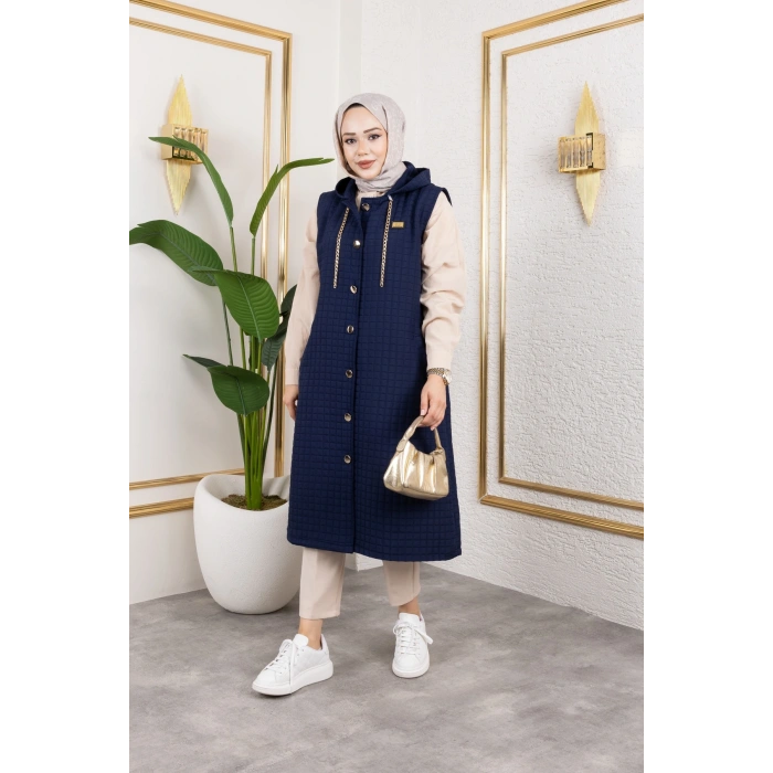 Arma Detaylı Kapüşonlu Kapitone lacivert Yelek