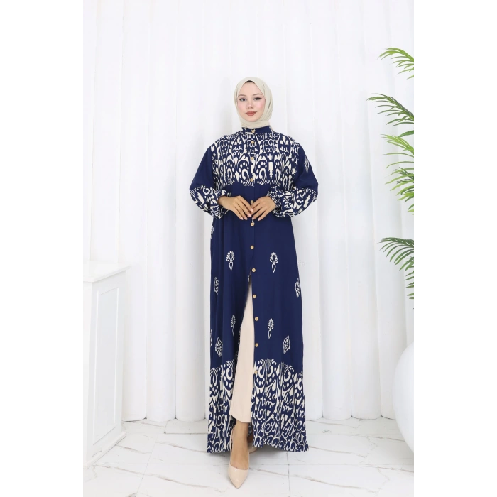 Boydan Düğmeli Etnik Desen Elbise Lacivert