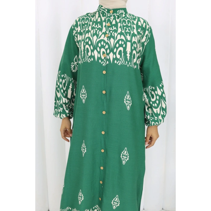 Boydan Düğmeli Etnik Desen Elbise Yeşil