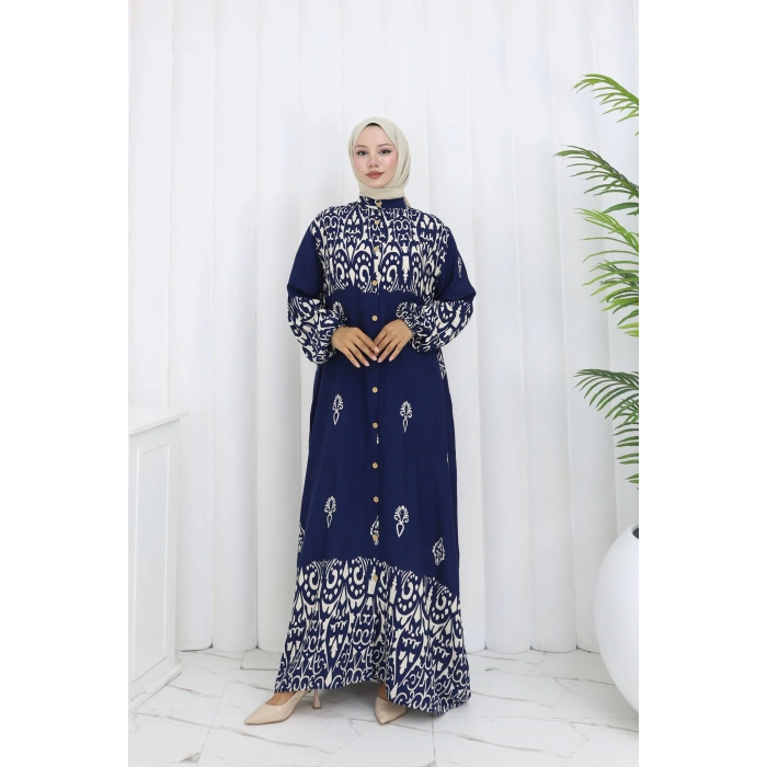 Boydan Düğmeli Etnik Desen Elbise Lacivert