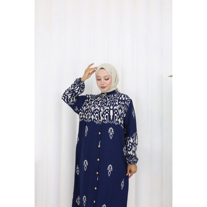 Boydan Düğmeli Etnik Desen Elbise Lacivert