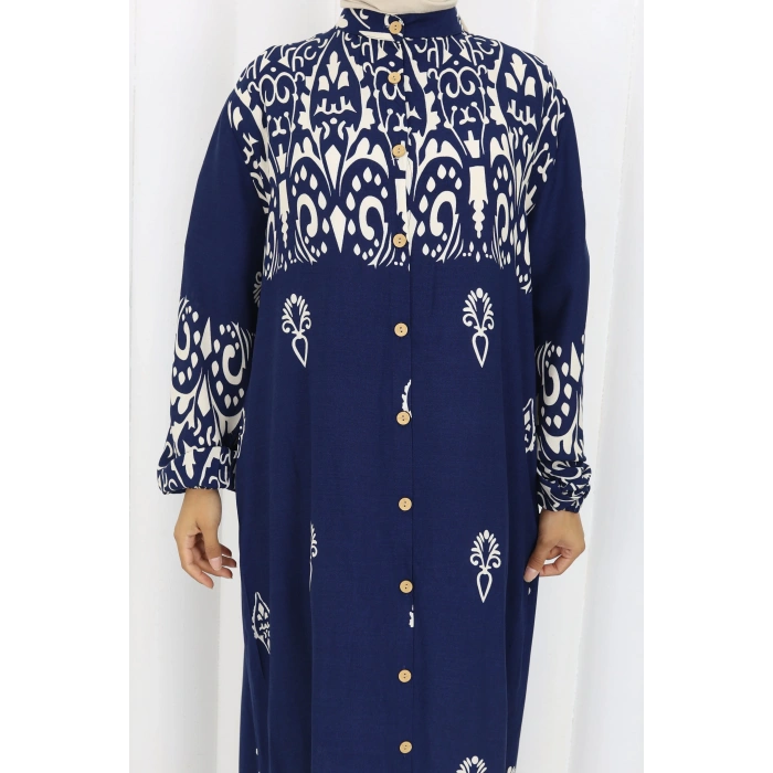 Boydan Düğmeli Etnik Desen Elbise Lacivert