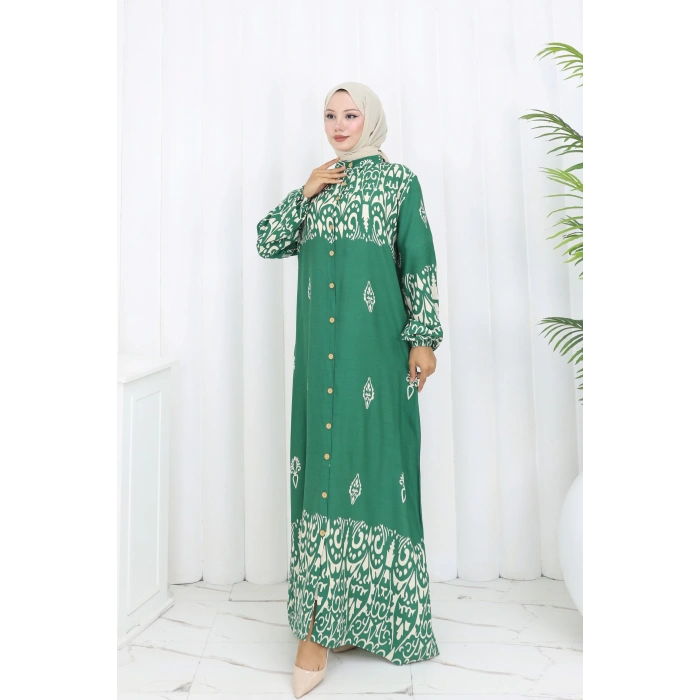 Boydan Düğmeli Etnik Desen Elbise Yeşil