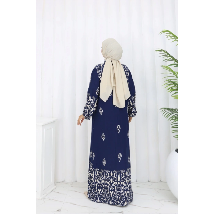Boydan Düğmeli Etnik Desen Elbise Lacivert