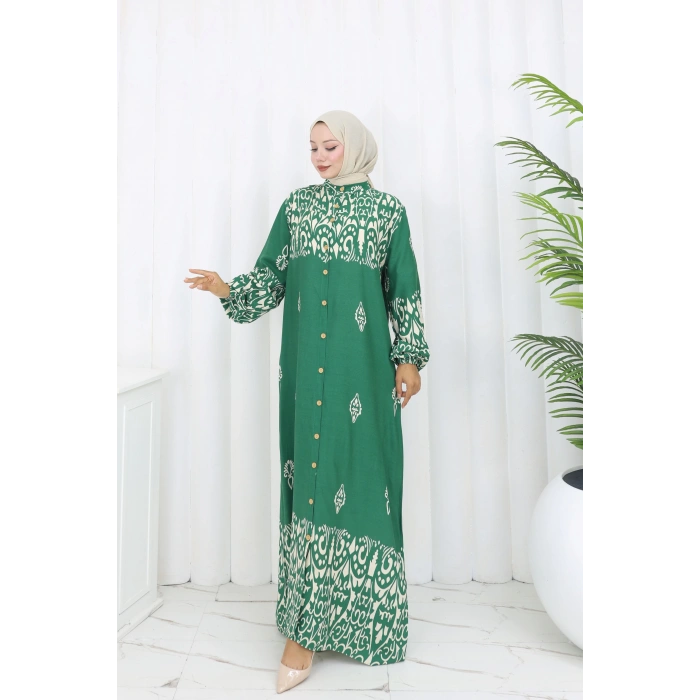 Boydan Düğmeli Etnik Desen Elbise Yeşil