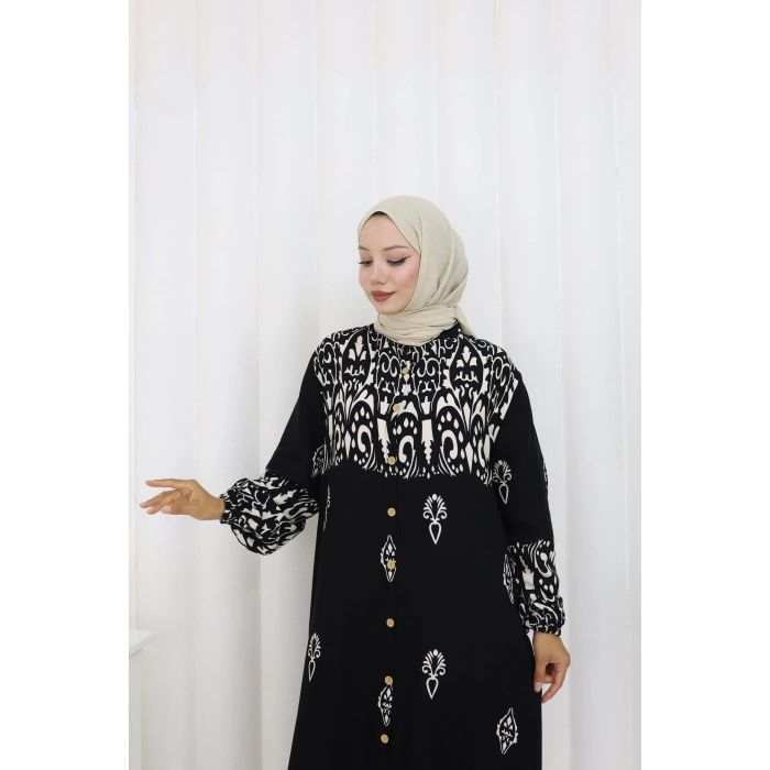 Boydan Düğmeli Etnik Desen Elbise Siyah