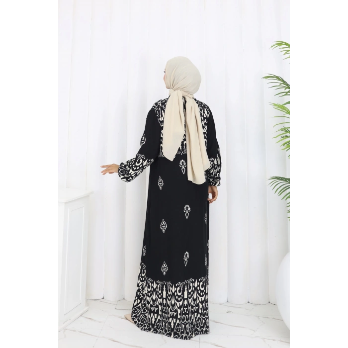 Boydan Düğmeli Etnik Desen Elbise Siyah