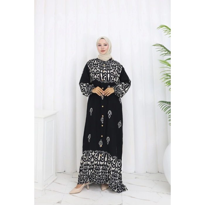 Boydan Düğmeli Etnik Desen Elbise Siyah