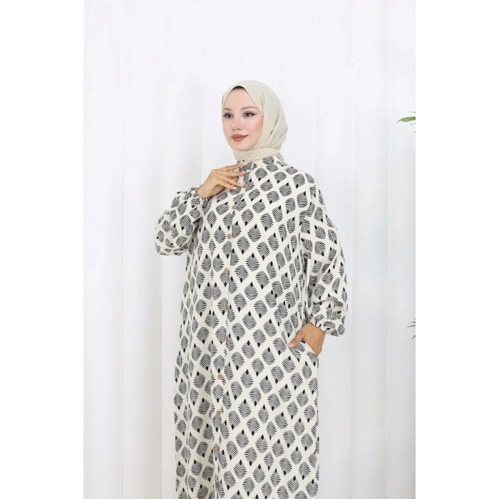 Boydan Düğmeli Yaprak Desen Elbise Beyaz