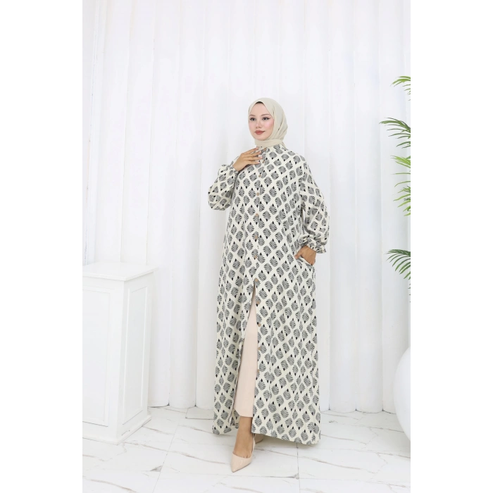 Boydan Düğmeli Yaprak Desen Elbise Beyaz