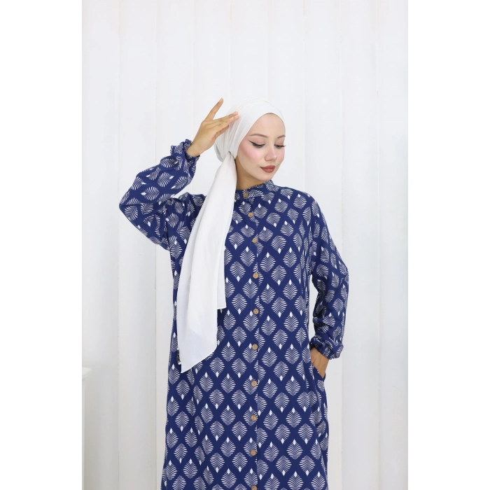Boydan Düğmeli Yaprak Desen Elbise Lacivert