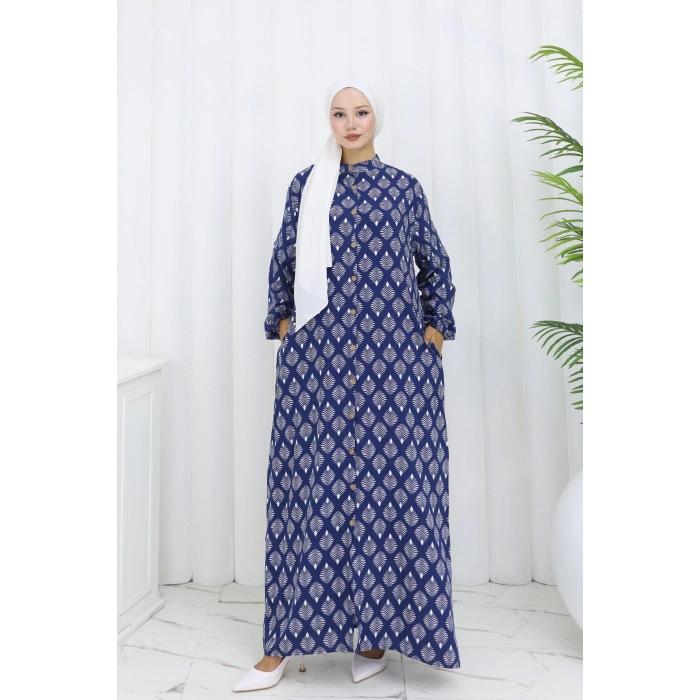 Boydan Düğmeli Yaprak Desen Elbise Lacivert