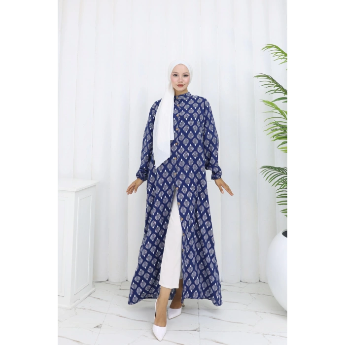 Boydan Düğmeli Yaprak Desen Elbise Lacivert