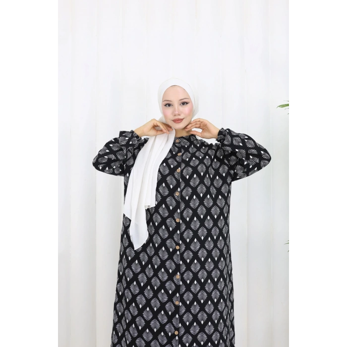 Boydan Düğmeli Yaprak Desen Elbise Siyah Beyaz