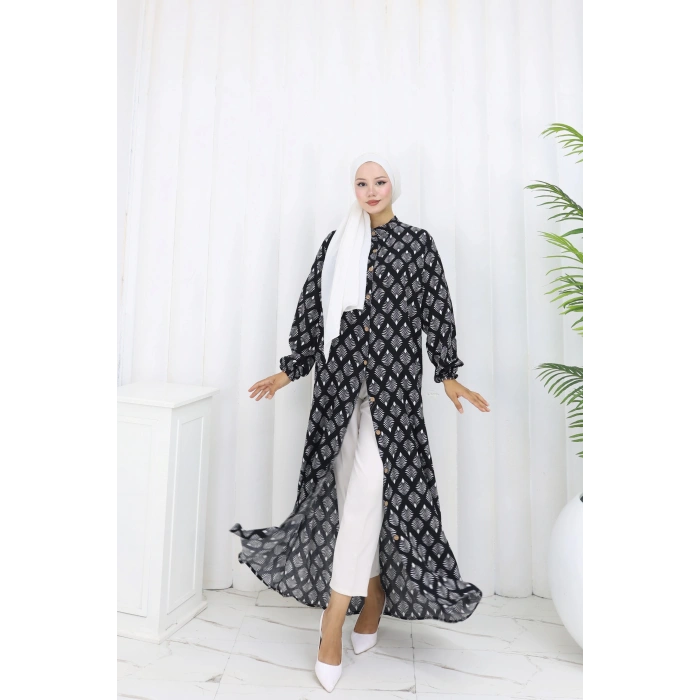 Boydan Düğmeli Yaprak Desen Elbise Siyah Beyaz