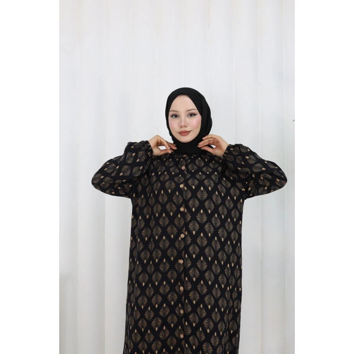 Boydan Düğmeli Yaprak Desen Elbise Siyah Kahve