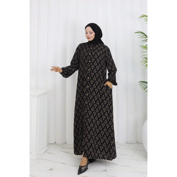 Boydan Düğmeli Yaprak Desen Elbise Siyah Kahve