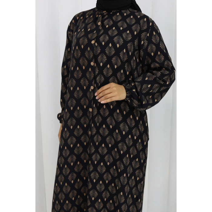 Boydan Düğmeli Yaprak Desen Elbise Siyah Kahve