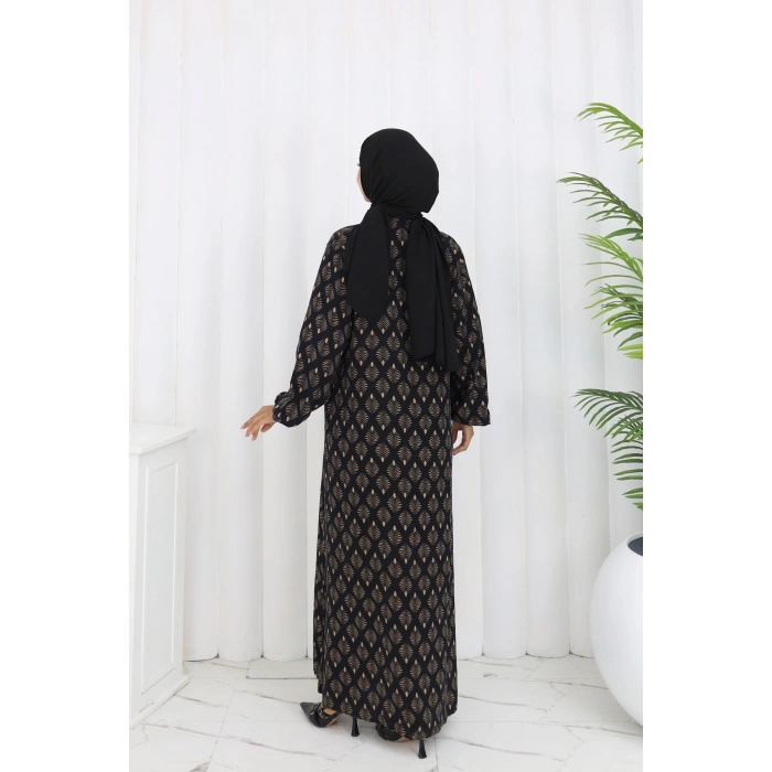 Boydan Düğmeli Yaprak Desen Elbise Siyah Kahve