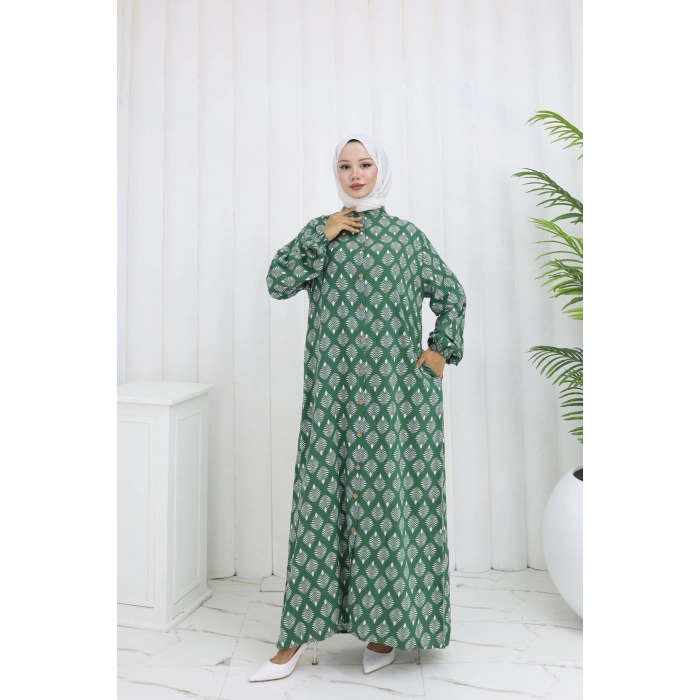 Boydan Düğmeli Yaprak Desen Elbise Yeşil