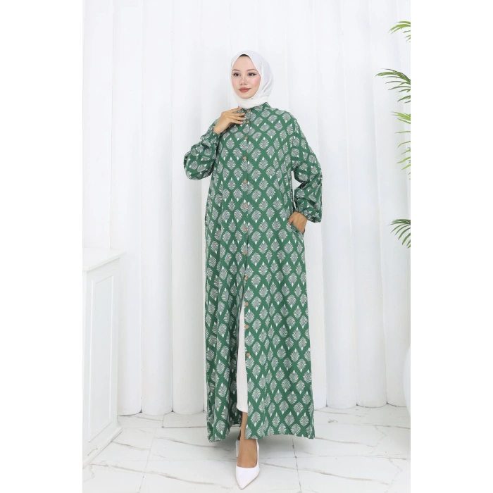 Boydan Düğmeli Yaprak Desen Elbise Yeşil