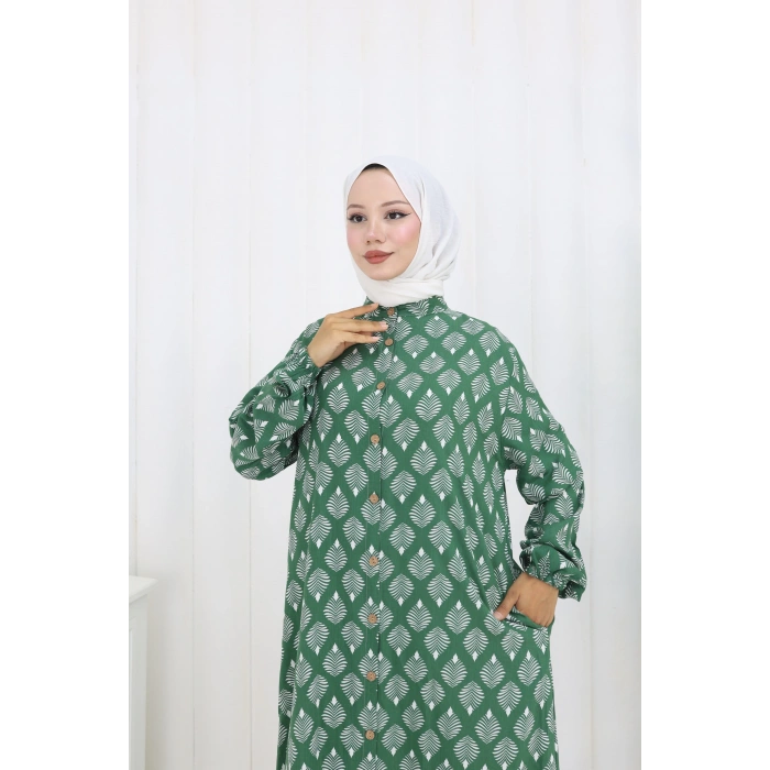 Boydan Düğmeli Yaprak Desen Elbise Yeşil