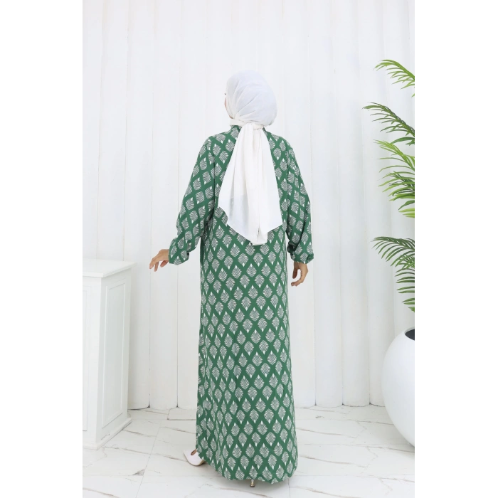 Boydan Düğmeli Yaprak Desen Elbise Yeşil