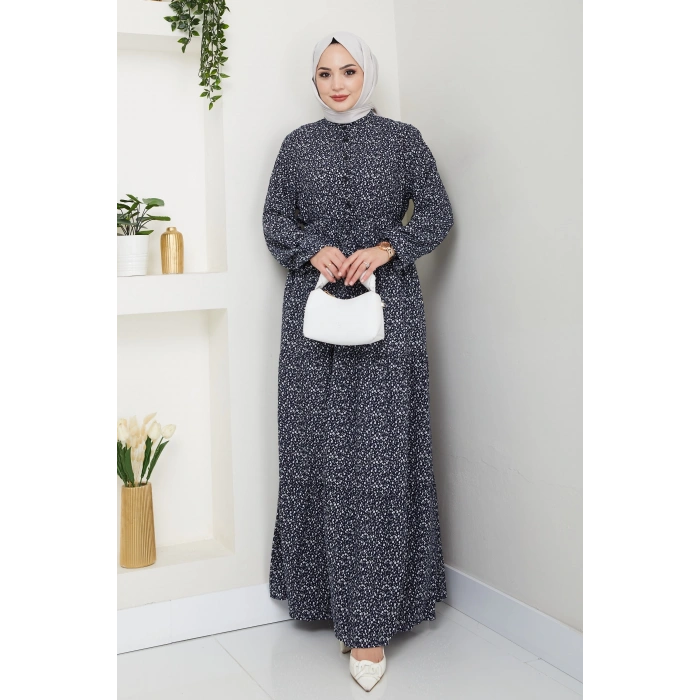 Çiçek Desen Düğmeli Elbise