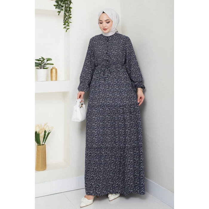 Çiçek Desen Düğmeli Elbise