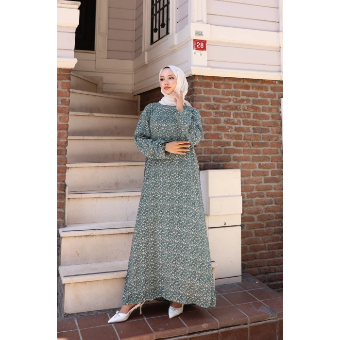 Çiçek Desen Viskon Elbise Yeşil