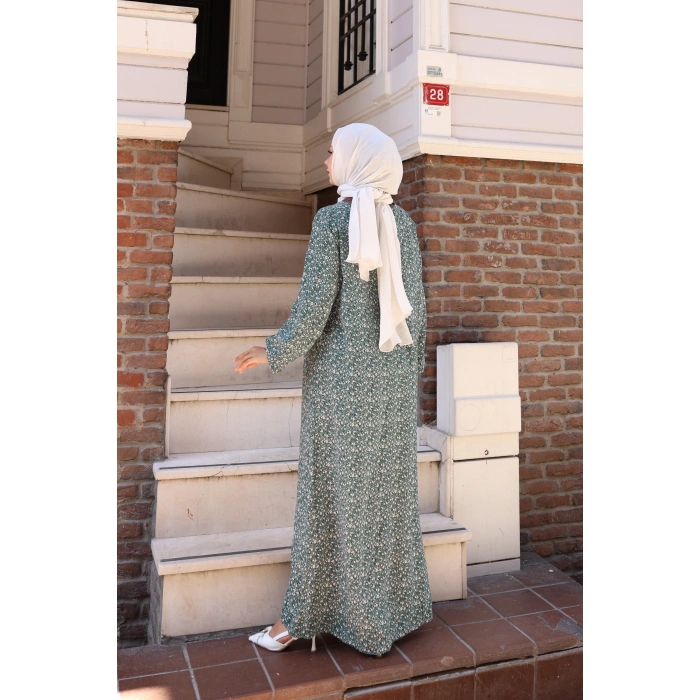 Çiçek Desen Viskon Elbise Yeşil