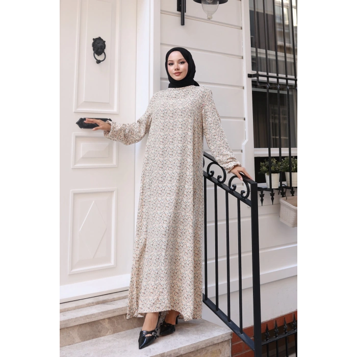 Çiçek Desen Viskon Elbise Bej