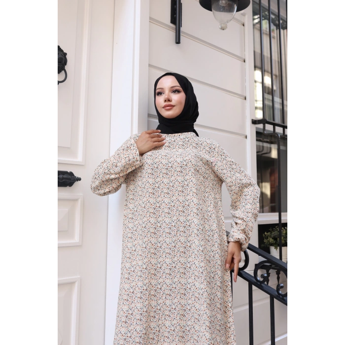 Çiçek Desen Viskon Elbise Bej