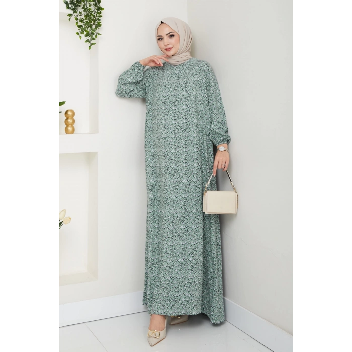Çiçek Desen Viskon Elbise su yeşili