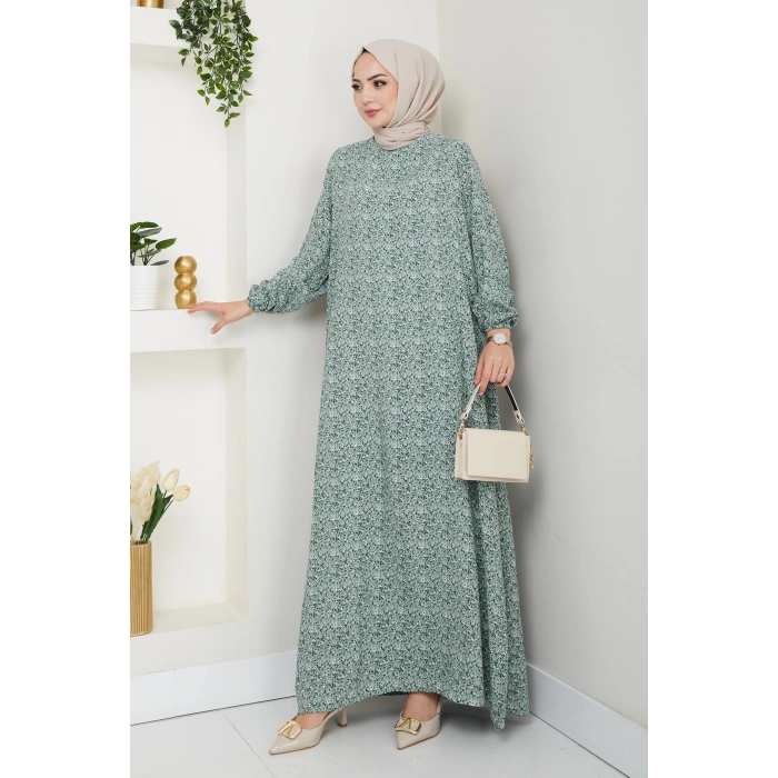 Çiçek Desen Viskon Elbise su yeşili