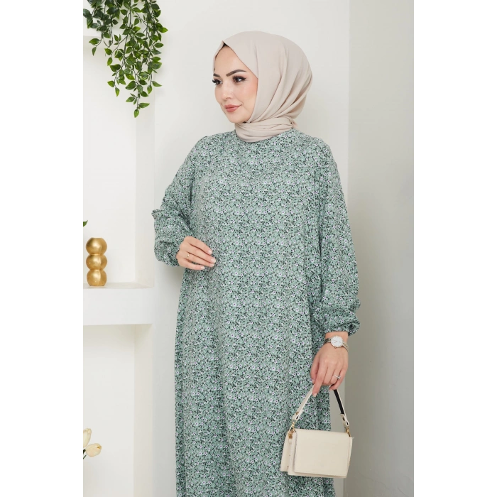 Çiçek Desen Viskon Elbise su yeşili
