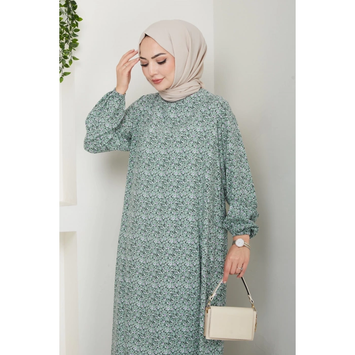 Çiçek Desen Viskon Elbise su yeşili