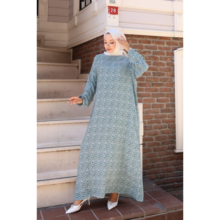Çiçek Desen Viskon Elbise turkuaz
