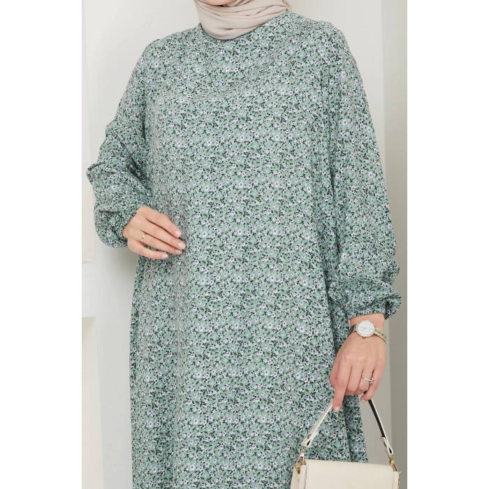 Çiçek Desen Viskon Elbise su yeşili