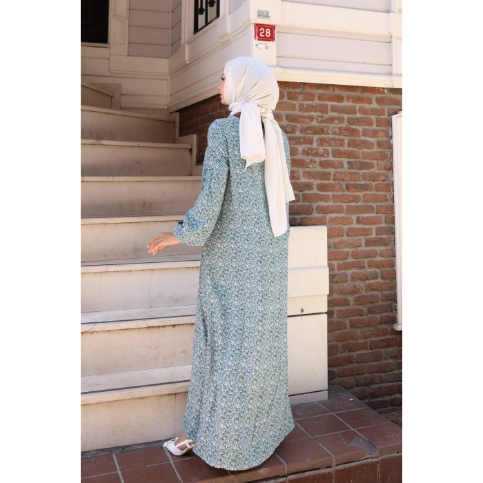 Çiçek Desen Viskon Elbise turkuaz
