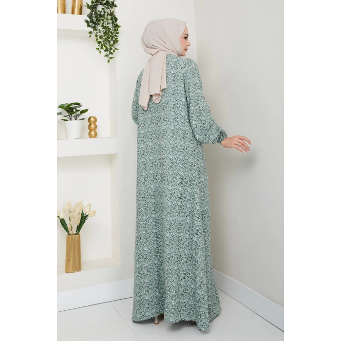 Çiçek Desen Viskon Elbise su yeşili