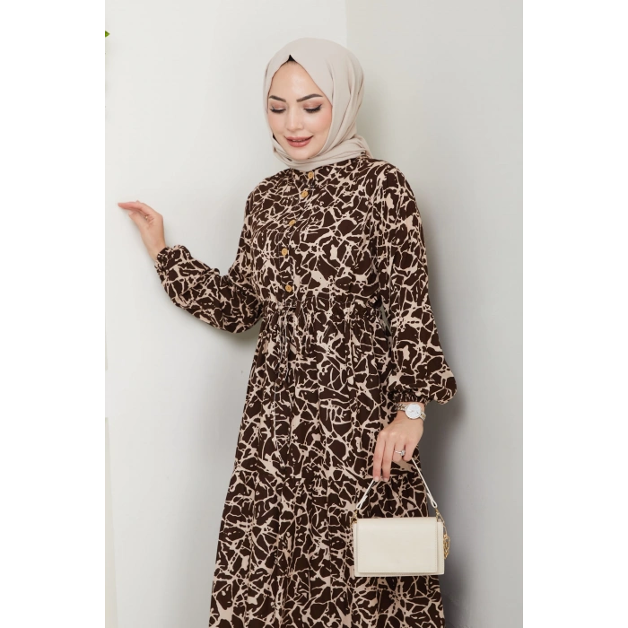 Fırça Desen Yarım Düğmeli Elbise Kahve