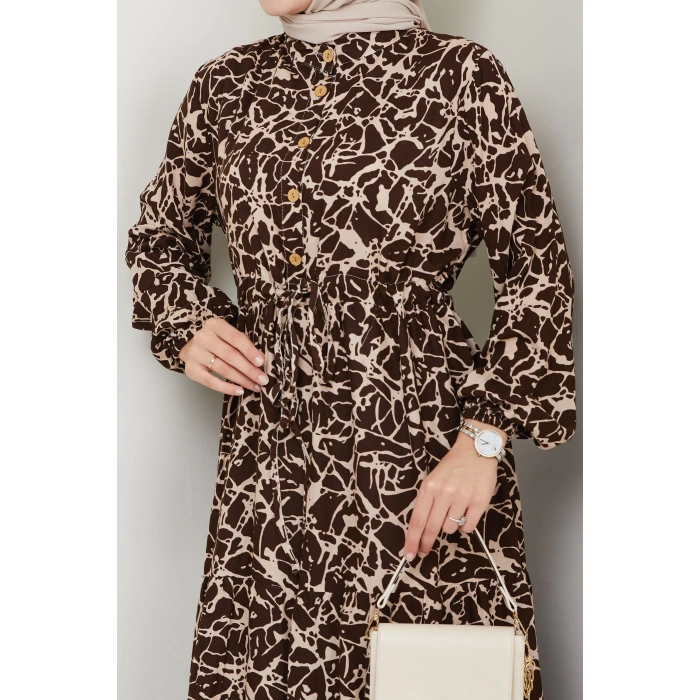 Fırça Desen Yarım Düğmeli Elbise Kahve