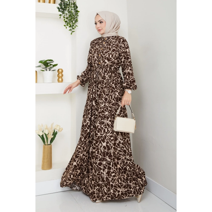 Fırça Desen Yarım Düğmeli Elbise Kahve