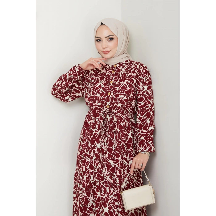 Fırça Desen Yarım Düğmeli Elbise Kırmızı