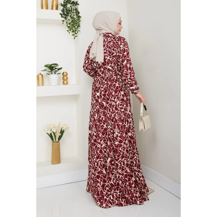 Fırça Desen Yarım Düğmeli Elbise Kırmızı