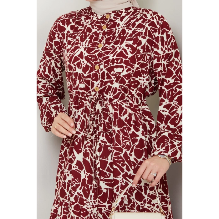 Fırça Desen Yarım Düğmeli Elbise Kırmızı