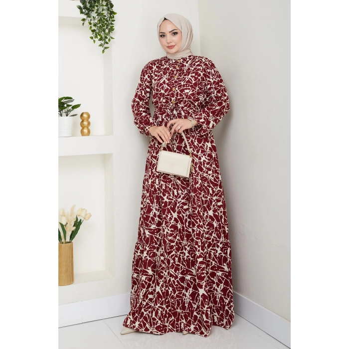 Fırça Desen Yarım Düğmeli Elbise Kırmızı