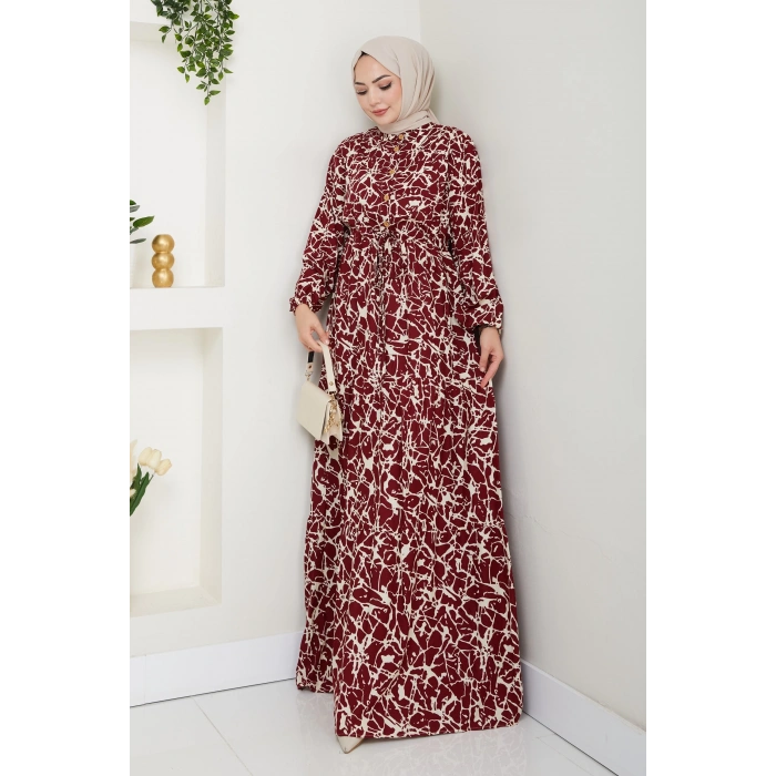 Fırça Desen Yarım Düğmeli Elbise Kırmızı