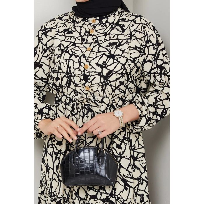 Fırça Desen Yarım Düğmeli Elbise Krem